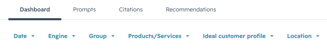AEO dashboard options bar with Date, Engine, Group, Products/Services, Ideal customer profile, and Location filters